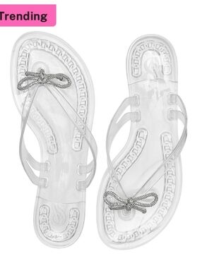 Victoria's Secret Shine Bow Jelly Sandals Clear Silver Flip Flops Womens SIZE 10